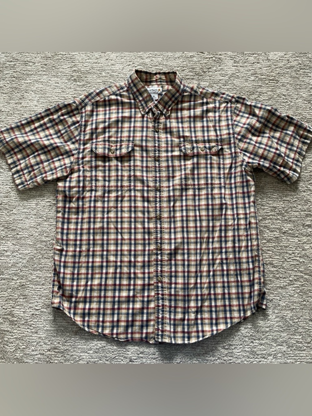 Carhartt Shirt Mens Size XL Brown Blue Red Madras Check Short Sleeve Pockets